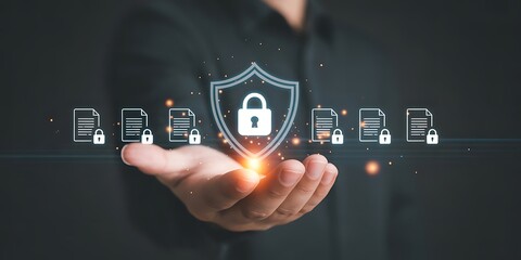 Businessman holding digital shield with glowing lock icon and document symbols representing cybersecurity data protection privacy and secure information management for modern business technology. icon