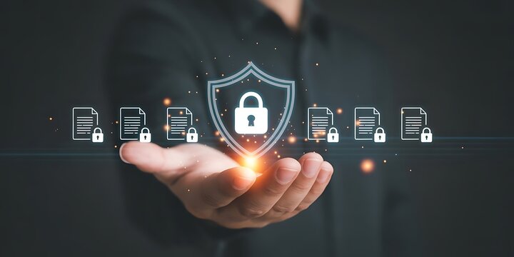 Businessman holding digital shield with glowing lock icon and document symbols representing cybersecurity data protection privacy and secure information management for modern business technology. icon