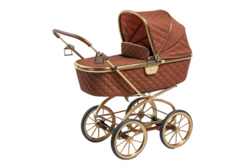 Vintage brown wicker baby carriage isolated on transparent background