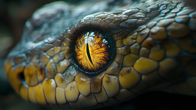 Close up of a Pit Viper snake eye with yellow and orange scales Photo