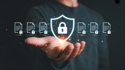 Businessman holding digital shield with glowing lock icon and document symbols representing cybersecurity data protection privacy and secure information management for modern business technology. icon