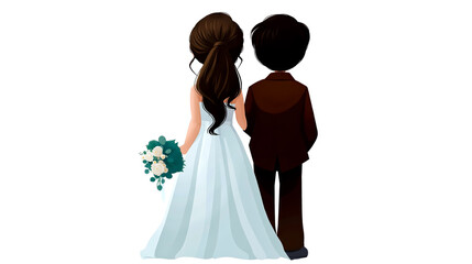A cartoon illustration of a bride and groom standing together