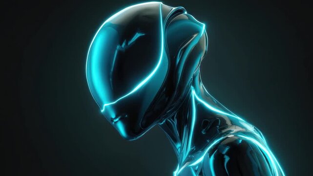 A sleek metallic alien head with a neon blue glow on a black minimal background, concept of futuristic technology, extraterrestrial intelligence, and sci-fi innovation