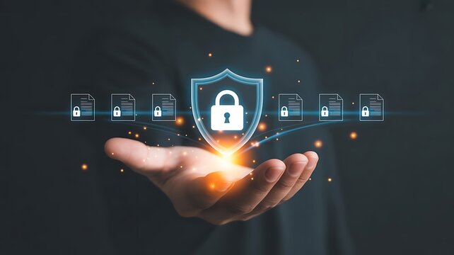 Businessman holding digital shield with glowing lock icon and document symbols representing cybersecurity data protection privacy and secure information management for modern business technology. icon