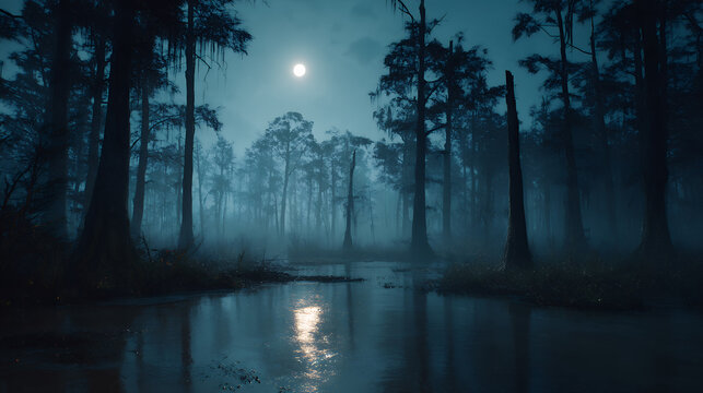 Misty forest landscape under moonlight