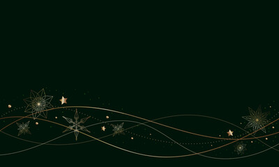 Elegant dark green background with a beautiful border of intricate gold line snowflakes, stars, and abstract curves. Perfect vector template for luxury Christmas and winter holiday banners