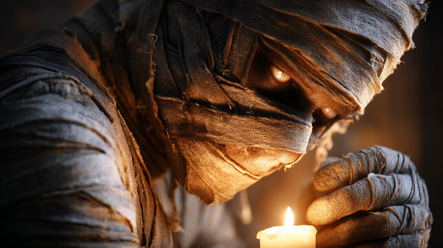 Mysterious mummy holding a candle in the dark