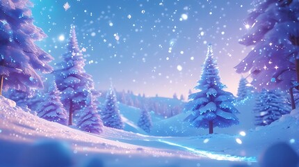 Fantasy winter wonderland landscape with snow-covered pine trees and glowing purple bushes