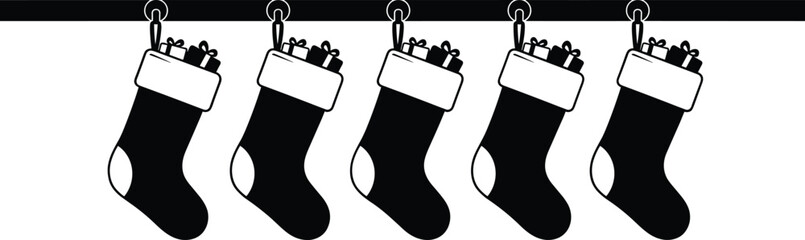Black and White Christmas Stockings Vector Icon: Hanging Row of Traditional Santa Socks Filled with Presents, Gifts, and Holiday Cheer Silhouette Graphic