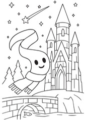 coloring book winter scarf floating near winter castle