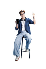 Tech-Savvy Youngster: A modern young individual, radiating confidence, sits holding a smartphone,...