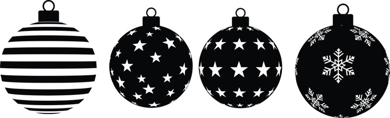 Black and White Christmas Balls Silhouette Set: Holiday Ornaments with Stripe, Star, and Snowflake Cutout Patterns for Seasonal Design Vector Graphic Icon