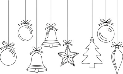 Minimalist Christmas Ornaments Line Art Set: Hanging Outline Icons of Holiday Balls, Bells, Star, and Tree with Ribbon Bows for Festive Vector Illustration