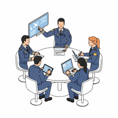 Flat Illustration Teamwork Collaboration Meeting Around Round Table with Digital Device