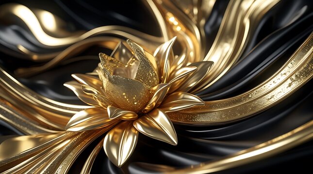Luxury 3D render of a golden metallic flower or lotus on a flowing black silk background