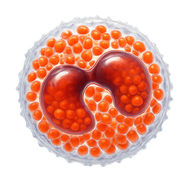 Eosinophil featuring a bi-lobed nucleus and orange-red granules.