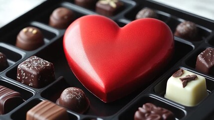 A box of chocolates with a red heart in the middle, perfect for Valentine's Day or any romantic occasion