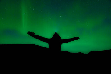 Obraz premium Northern Lights above Höfn with visible green arcs and light cloud cover.