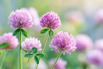 Clover flowers blooming in a meadow with soft sunlight creating a serene atmosphere, showcasing nature's beauty and vibrant colors in a peaceful setting