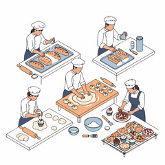 Isometric Detailed Baker Making Bread and Pastry Baking Profession Illustration