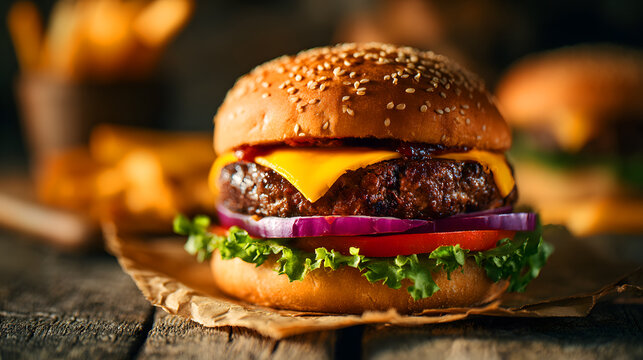 Delicious Cheeseburger with Sesame Seed Bun and Fries
