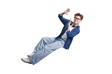 Defying Gravity: An individual floats playfully in mid-air, hands gesturing with a smile,...