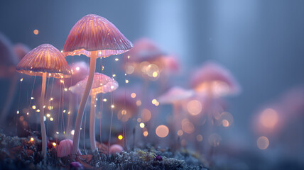 Glowing magical mushrooms in a fantasy forest