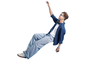 Soaring Ambition: A stylish individual, brimming with aspiration, floats effortlessly, reaching for unseen heights, dressed in casual denim, and wearing glasses.