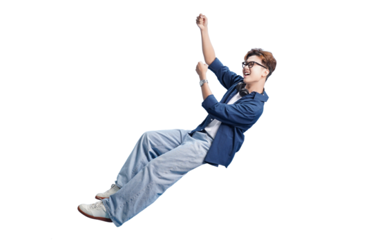 Joyful Leap: A young man embodies pure exhilaration, captured mid-air, hands raised in a gesture of triumphant liberation, expressing the spirit of adventure and unbounded freedom.