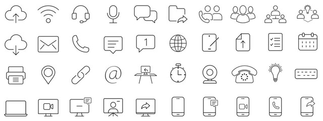 Remote work and digital communication line icon set includes cloud services, messaging tools, devices, collaboration elements, workplace technology essentials. Work from home icons collection- outline