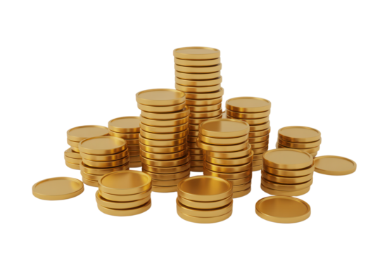 Grow your wealth with these stacks of shiny gold coins, perfect for finance, investment, or business concepts representing savings, prosperity, and financial success, a visual metaphor for riches