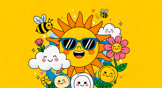 A cheerful cartoon illustration featuring a happy sun with cool sunglasses, surrounded by smiling clouds, buzzing bees, and blooming flowers, evoking a bright and playful summer day