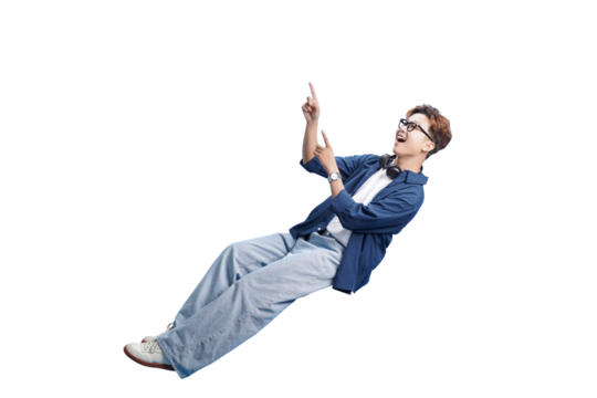 Pointing the Way: A young, enthusiastic individual, joyfully levitating in mid-air, directs attention upwards, bathed in vibrant illumination.