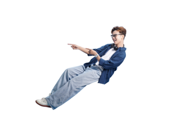 Joyful Direction: A young individual, radiating happiness and pointing forward, creates an image of optimism and forward momentum, wearing stylish glasses, embodying youthfulness, joy, and aspiration.