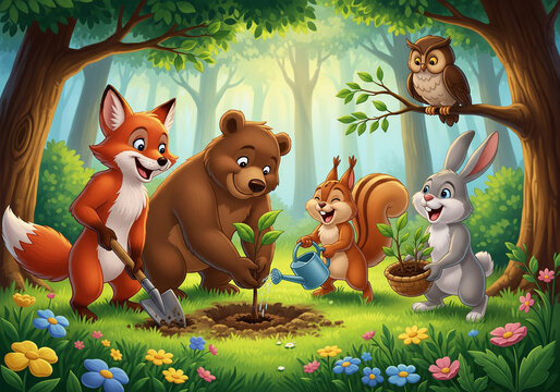 Happy Cartoon Animals Teamwork Planting a Tree in a Sunny Forest Clearing