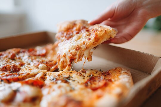 Slice of pizza being lifted from a box with melted cheese stretching, showcasing delicious toppings and inviting texture, perfect for food lovers and culinary enthusiasts