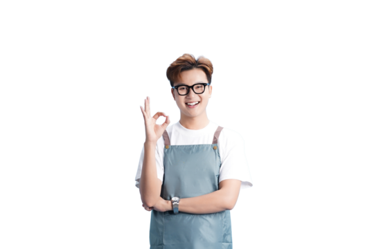 Image: Enthusiastic Confirmation: A cheerful individual, adorned in an apron and glasses, beams with an okay gesture, signifying utmost satisfaction and approval. 