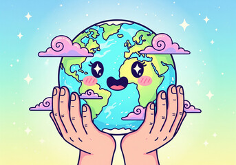 Cute Cartoon Hands Gently Cradling the Earth Globe with a Happy Kawaii Face and Pink Clouds