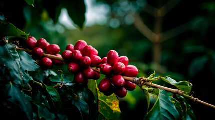 A close-up photograph of red berries hanging from a branch with green leaves in the background