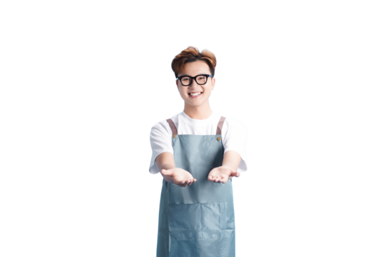 Friendly Barista's Greeting: A cheerful barista, sporting stylish glasses and an apron, extends an inviting hand, offering a warm welcome and hinting at the delights within.