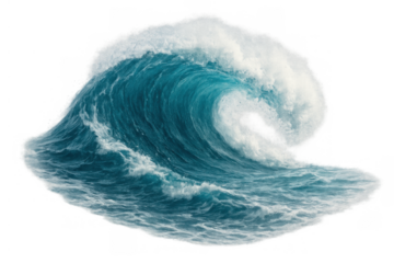 Ocean wave cresting and breaking, showing the immense power and movement of water in the sea. Transparent background