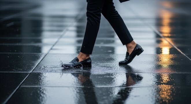 Rainy day walking shows sleek black shoes stepping on wet pavement. Rainy day reflects urban life, capturing polished footwear walking on slick ground, creating dramatic reflections. - Powered by Adobe