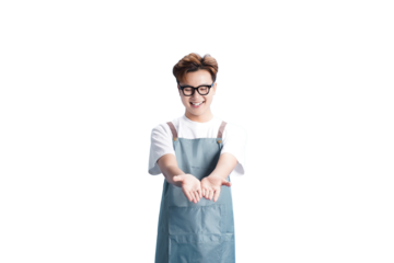 Friendly Chef Welcomes: A cheerful chef, adorned in a classic apron and glasses, extends his open hands towards the viewer, conveying a warm invitation to a culinary experience.