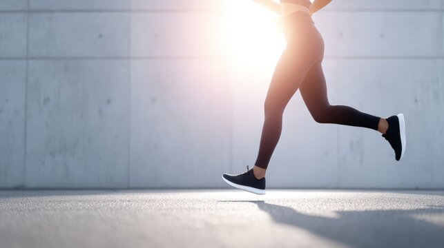 Athletic woman in black activewear jogging on urban pavement, sunlight illuminating her movement, showcasing fitness and determination in a dynamic outdoor environment