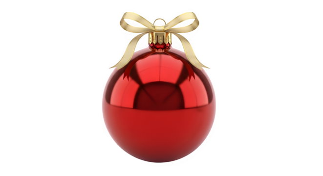 A shiny red christmas ball ornament with a golden ribbon, isolated on transparent background, perfect for adding a festive touch to your holiday designs and decorations