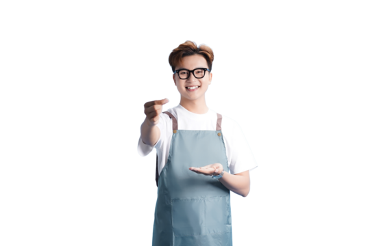 Enthusiastic Presentation: A smiling individual, donned in an apron and glasses, makes a gesture of offering, conveying warmth and welcome.