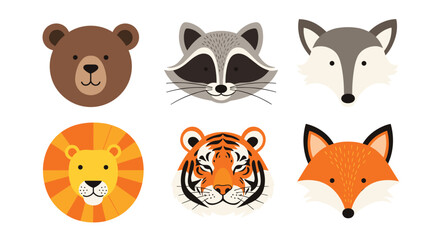 Fototapeta premium Beautifully detailed collection of various wild forest animal heads including a bear tiger and fox.