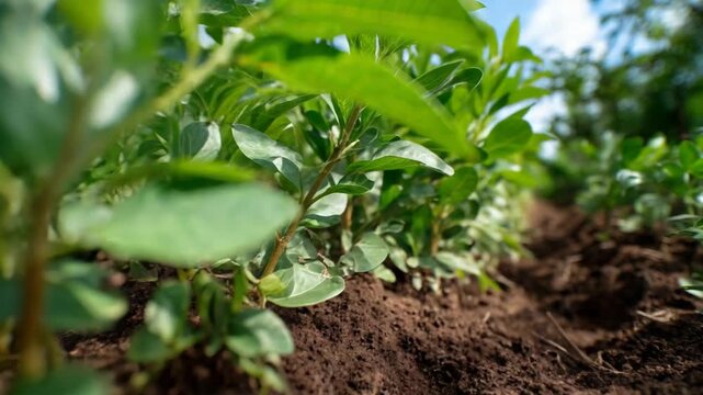 Close-up view of young peanut plants growing in a field under a blue sky