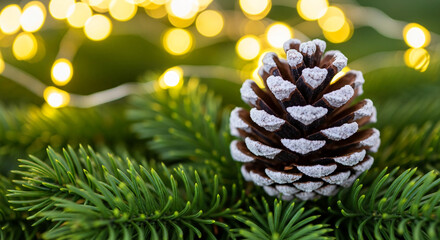 Close-up of frosted pine cone with needles and blurred lights, suggesting winter or holiday season, representative of nature, decoration, and festive mood