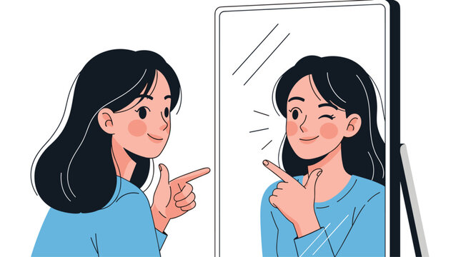 Confident young woman looks at her happy winking reflection in the mirror with self-love. - Powered by Adobe